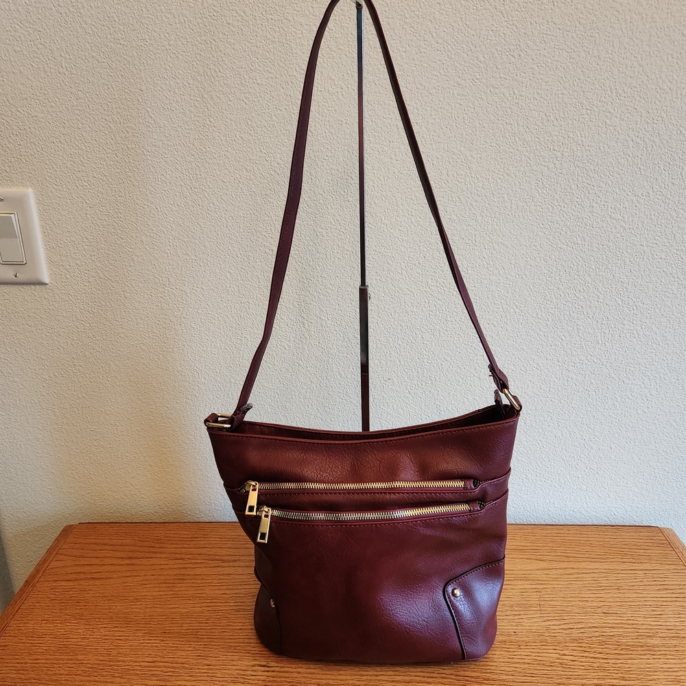 Elegant Burgundy Faux Leather Shoulder Bag Multi Pockets